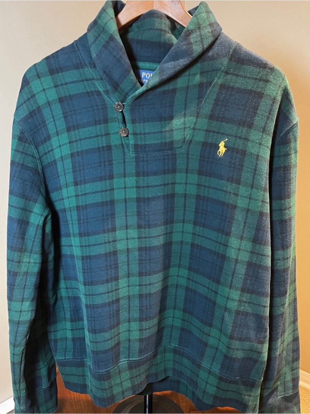Polo by Ralph Lauren Green & Navy Plaid Shawl-Collar Knit - Picture 2 of 5